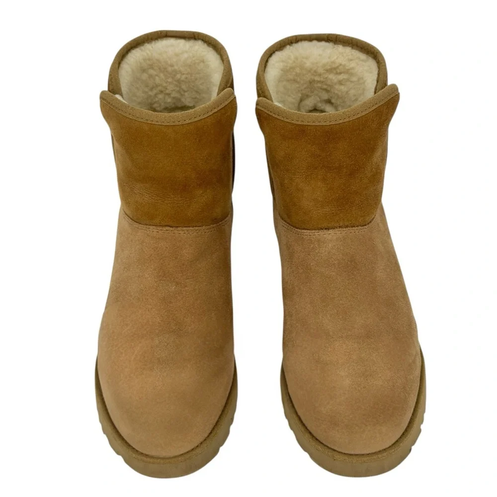 UGG Mini Suede Shearling Lined Wedge Classic Slim Boots Chestnut Size 7